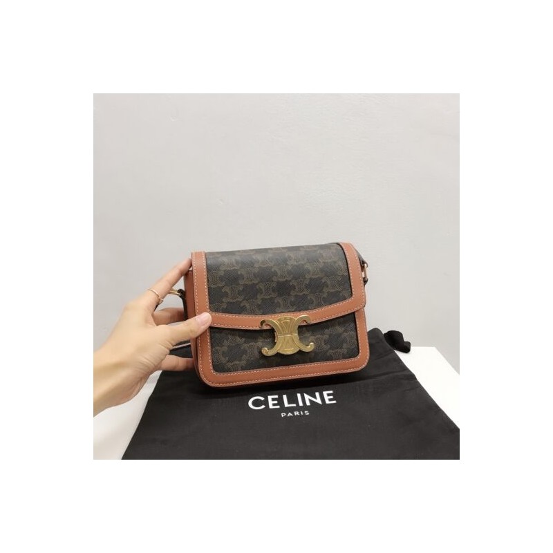 Affordable luxury CELINE TEEN TRIOMPHE BAG IN TRIOMPHE CANVAS AND CALFSKIN TAN