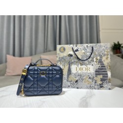 DIOR CARO BOX BAG WITH CHAIN Royal Blue Quilted Macrocannage Calfskin