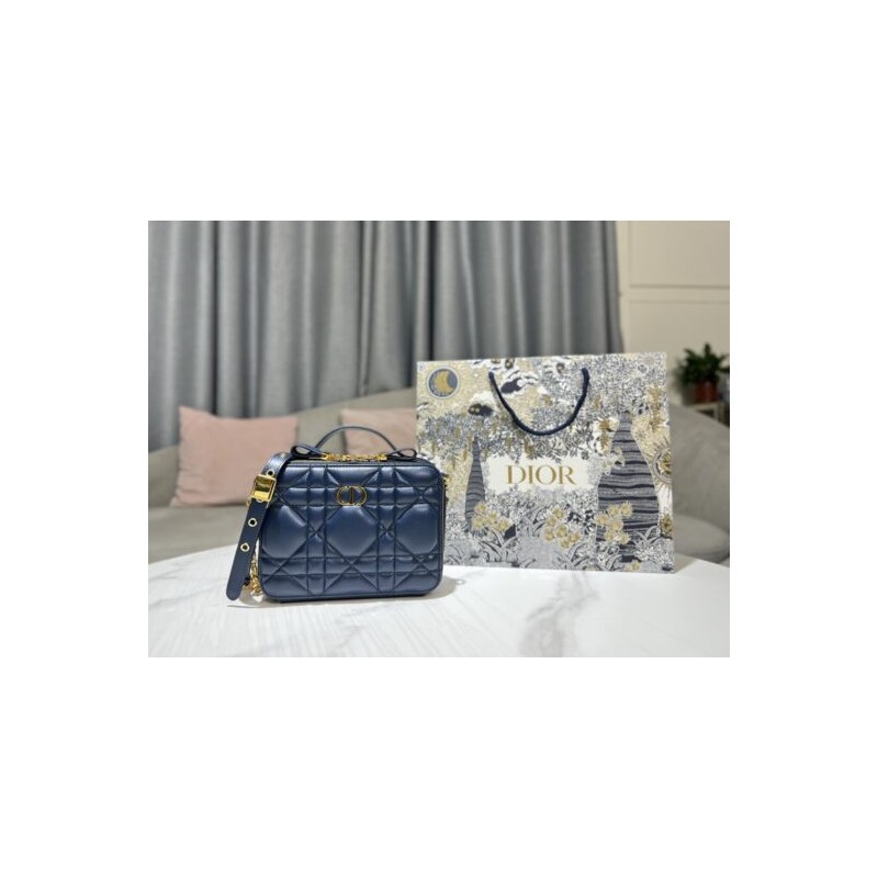 DIOR CARO BOX BAG WITH CHAIN Royal Blue Quilted Macrocannage Calfskin