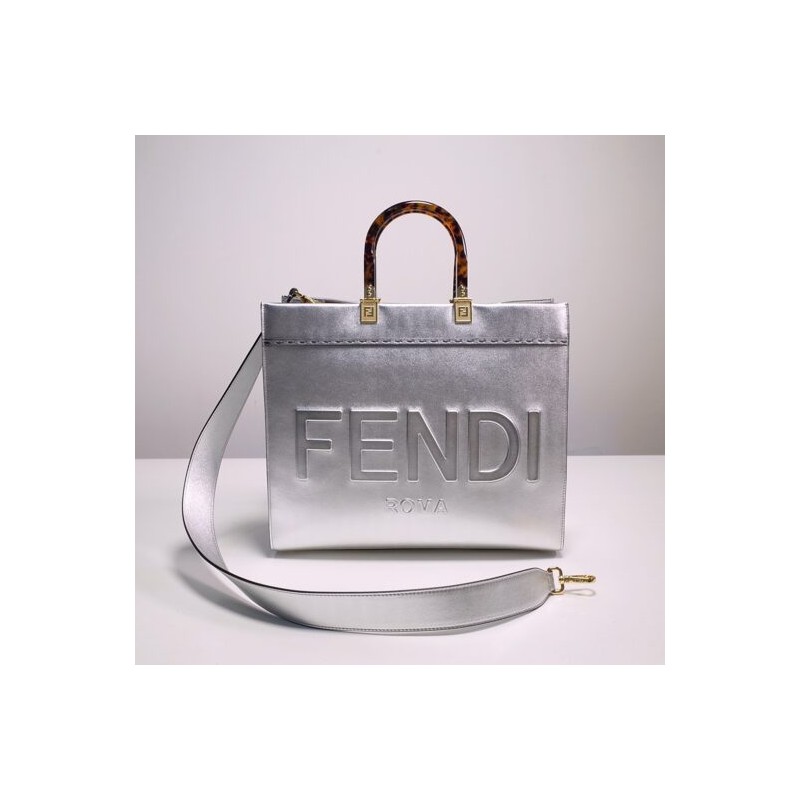 Fendi Sunshine Medium Silver laminated leather shopper