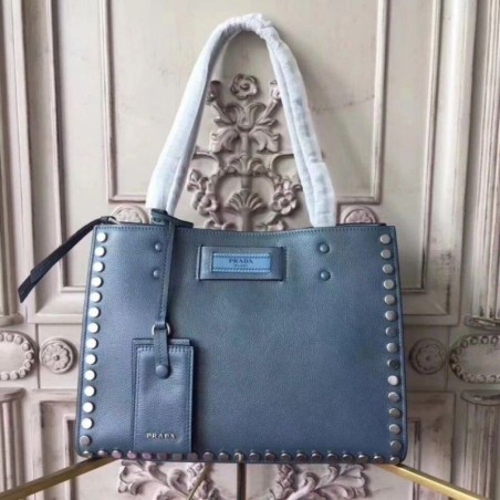 Luxury Prada Etiquette fabric tote with metal stud trim Blue