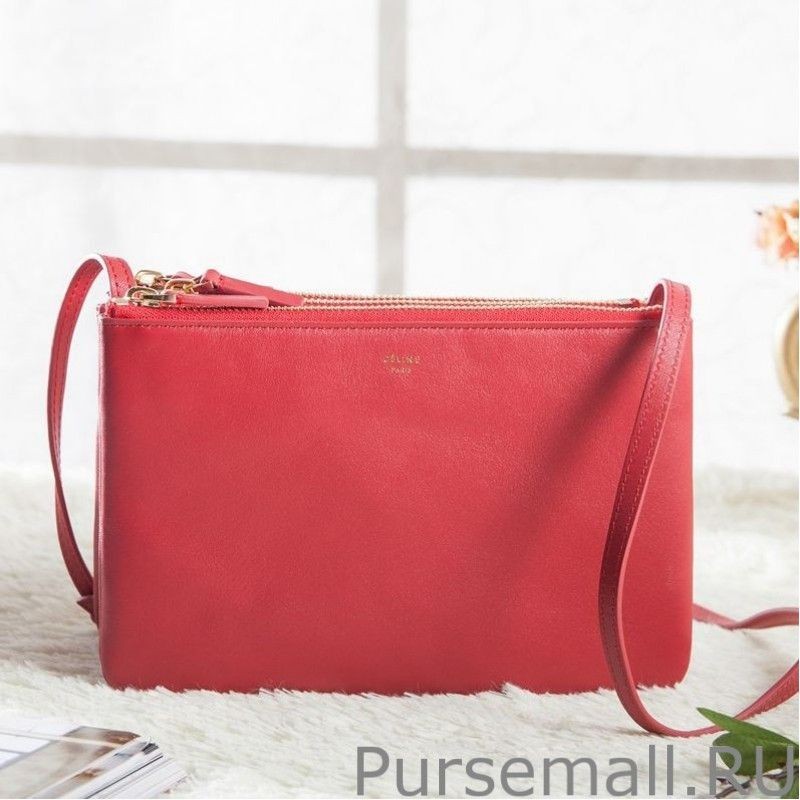 Luxury Celine Small Trio Crossbody Bag In Red Calfskin