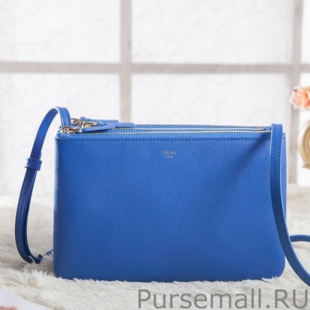 UK Celine Small Trio Crossbody Bag In Blue Calfskin