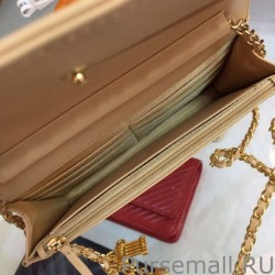 Perfect Chevron V Stitch Chain Wallet Leather A33814 Apricot