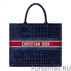 Best Christian Dior Book Tote Crocodile-Effect Embroidered Velvet Dark Blue