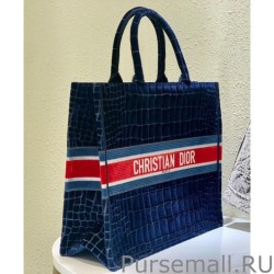 Best Christian Dior Book Tote Crocodile-Effect Embroidered Velvet Dark Blue