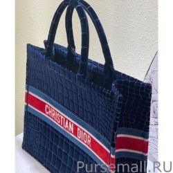 Best Christian Dior Book Tote Crocodile-Effect Embroidered Velvet Dark Blue