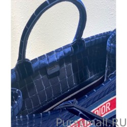 Best Christian Dior Book Tote Crocodile-Effect Embroidered Velvet Dark Blue