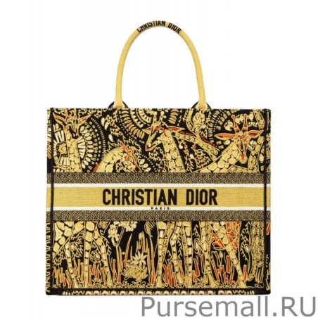 Cheap Christian Dior Book Tote Dior Animals Embroidered Canvas Bag Yellow
