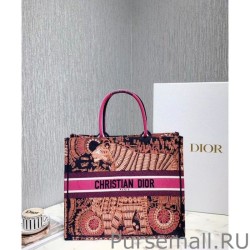 High Quality Christian Dior Fuchsia Dior Book Tote Dior Animals Embroidered Canvsa Bag Peachblow