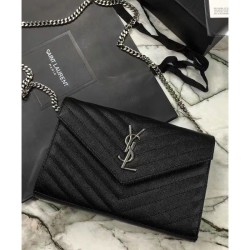 Luxury YSL Small Mono Leather Wallet on a Chain Black