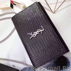 1:1 Mirror Saint Laurent Chain Wallet in Black Crocodile Embossed Leather 377829