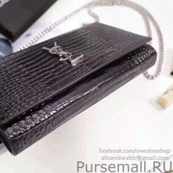 1:1 Mirror Saint Laurent Chain Wallet in Black Crocodile Embossed Leather 377829