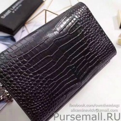 1:1 Mirror Saint Laurent Chain Wallet in Black Crocodile Embossed Leather 377829