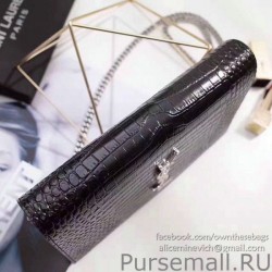 1:1 Mirror Saint Laurent Chain Wallet in Black Crocodile Embossed Leather 377829