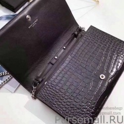 1:1 Mirror Saint Laurent Chain Wallet in Black Crocodile Embossed Leather 377829