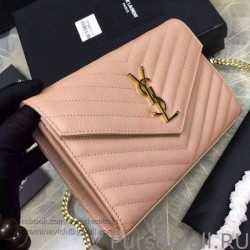 High Quality Saint Laurent Chain Wallet In Apricot Grain De Poudre Textured Matelasse Leather 377828