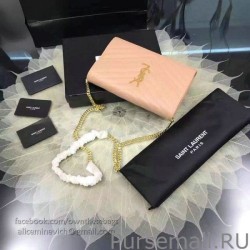 High Quality Saint Laurent Chain Wallet In Apricot Grain De Poudre Textured Matelasse Leather 377828