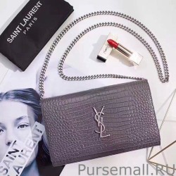 Perfect Saint Laurent Chain Wallet in Grey Crocodile Embossed Leather 377829