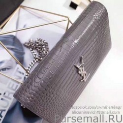 Perfect Saint Laurent Chain Wallet in Grey Crocodile Embossed Leather 377829