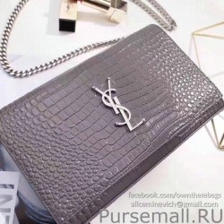 Perfect Saint Laurent Chain Wallet in Grey Crocodile Embossed Leather 377829