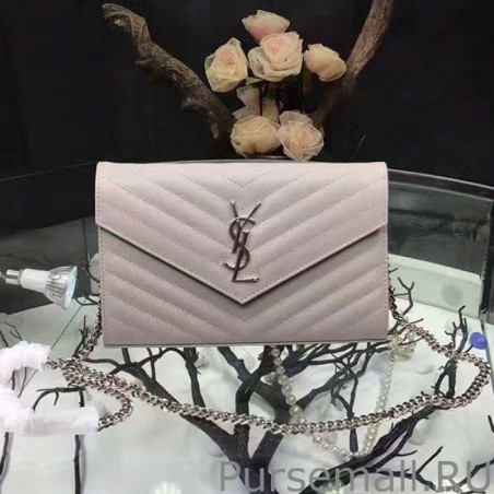 Fashion Saint Laurent Light Pink Grained Matelasse Leather Chain Wallet Y221220