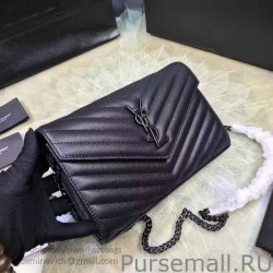 Knockoff Saint Laurent Monogram Medium Grained Matelasse Leather Chain Wallet Black Y121290