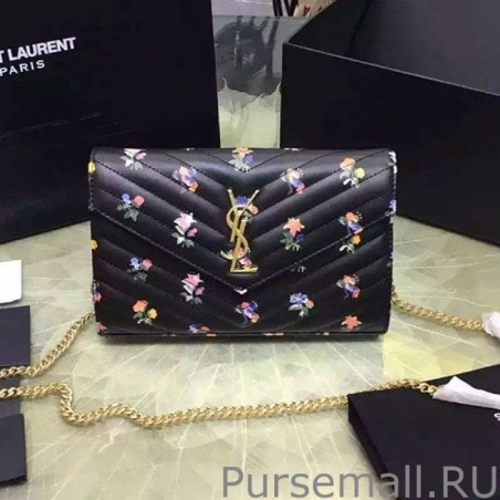 Perfect Saint Laurent Monogram New Prairie Flower Chain Wallet Calfskin Leather 377828