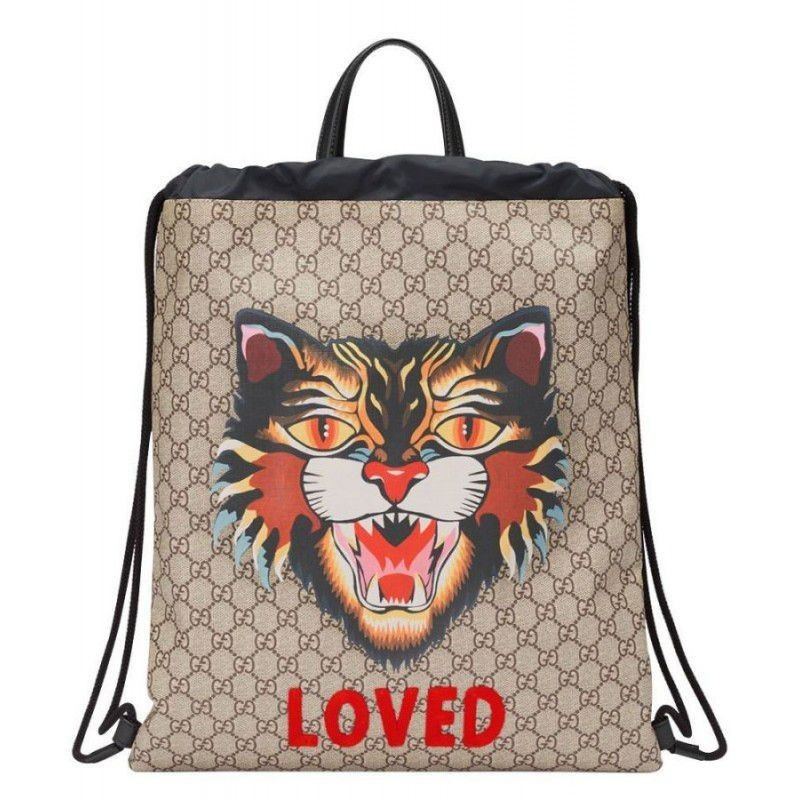 Inspired Angry Cat Print Soft GG Supreme Drawstring Backpack 473872 Coffee