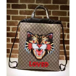 Inspired Angry Cat Print Soft GG Supreme Drawstring Backpack 473872 Coffee