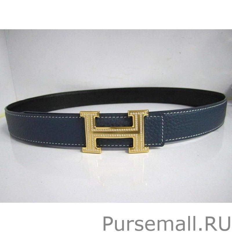 Replica Hermes in Calfskin Diamond H Belt HB120 Blue Gold