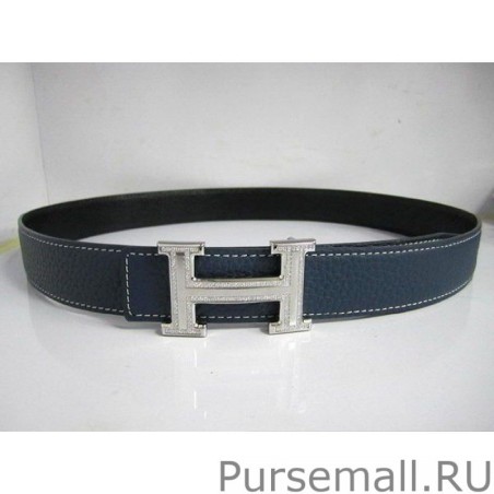 Designer Hermes in Calfskin Diamond H Belt HB120 Blue Silver