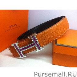 Replica Hermes in Purple Calfskin Diamond H Belt HB119 Silver Camel