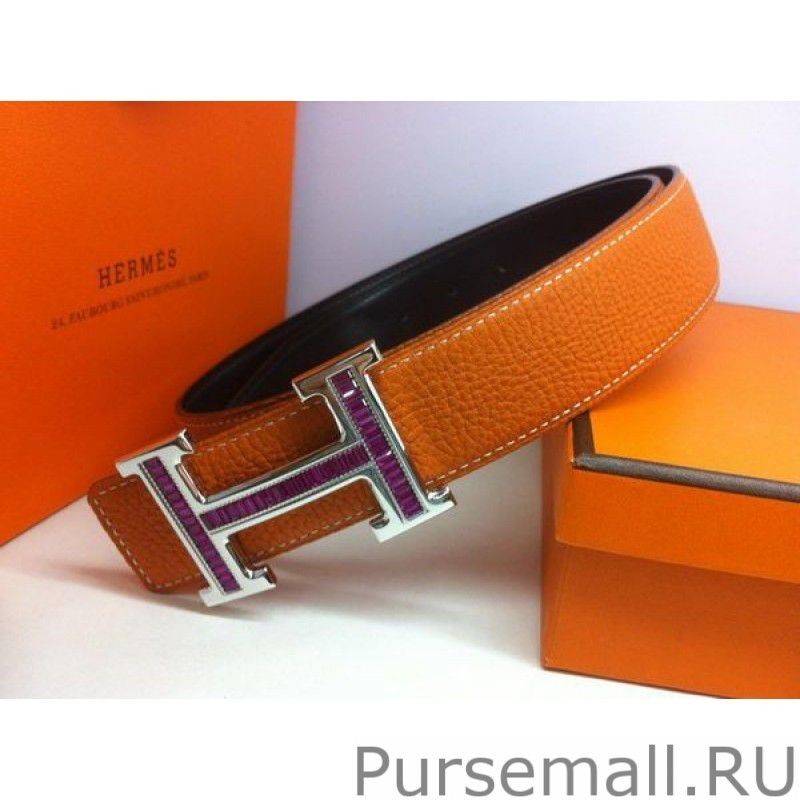 Replica Hermes in Purple Calfskin Diamond H Belt HB119 Silver Camel