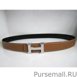 Designer Hermes in Calfskin Diamond H Belt HB120 Silver Camel