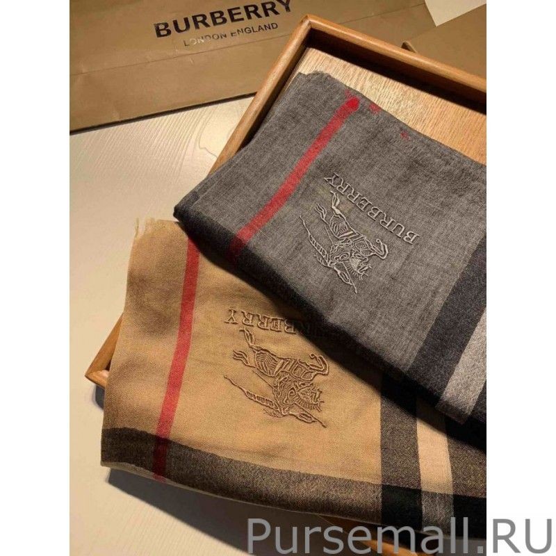 Luxury Burberry Aquatic Cashmere Small Check Shawl 75 x 220 Gray