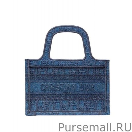 Top Christian Dior Book Tote Mini Denim Dior Oblique Embroidered Tote Blue