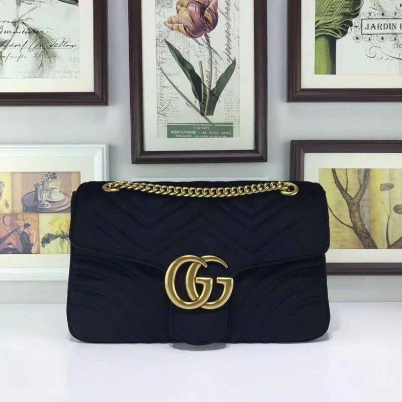 Designer GG Marmont Medium chevron velvet Bag 443496 Black