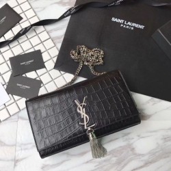 Top Quality Saint Laurent Medium Kate Monogram Crocodile Leather Shoulder Bag Black
