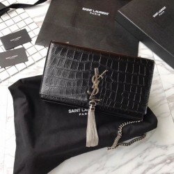 Top Quality Saint Laurent Medium Kate Monogram Crocodile Leather Shoulder Bag Black