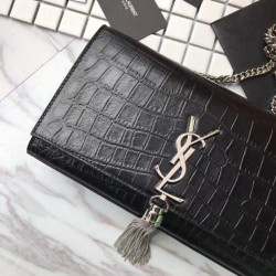 Top Quality Saint Laurent Medium Kate Monogram Crocodile Leather Shoulder Bag Black