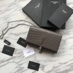 Fashion Saint Laurent Medium Kate Monogram Crocodile Leather Shoulder Bag Gray