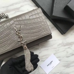 Fashion Saint Laurent Medium Kate Monogram Crocodile Leather Shoulder Bag Gray