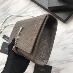 Fashion Saint Laurent Medium Kate Monogram Crocodile Leather Shoulder Bag Gray