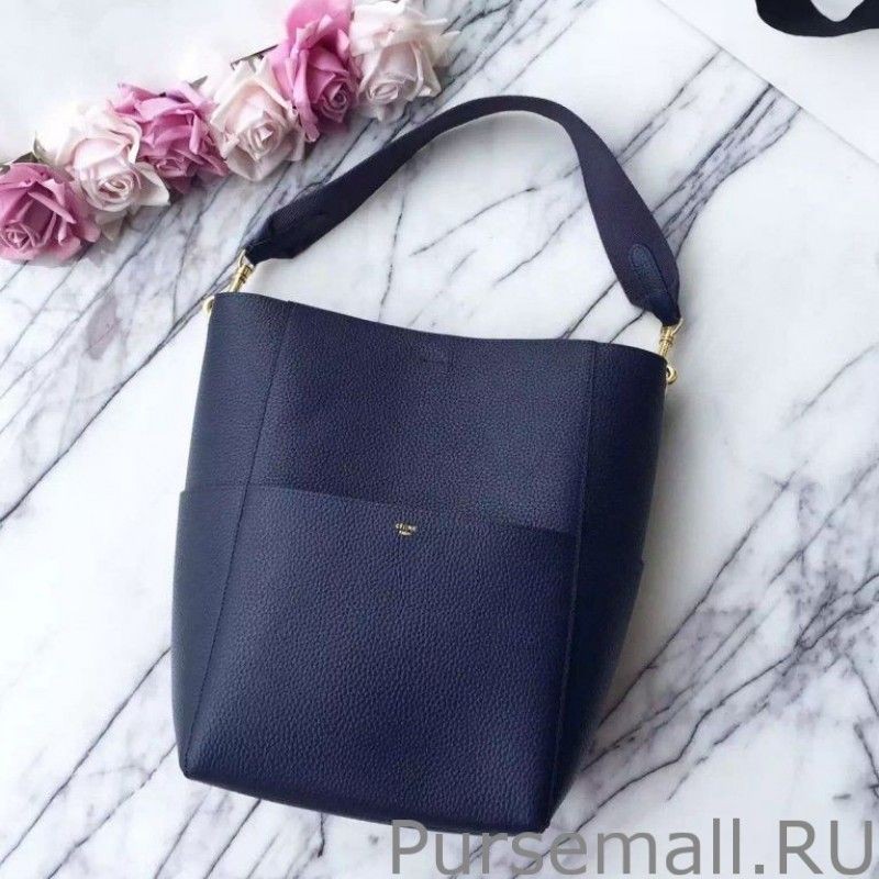 Designer Celine Small Sangle Seau Bag In Navy Grained Leather