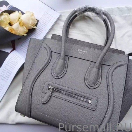 Luxury Celine Mini Luggage Bag In Grey Grained Leather