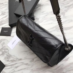 Replicas YSL Saint Laurent Niki Body Bag Crinkled Vintage Leather Black