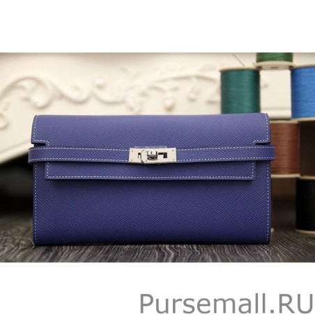 Inspired Hermes Kelly Longue Wallet In Electric Blue Epsom Leather