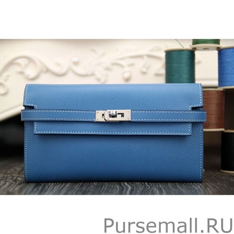 Replica Hermes Kelly Longue Wallet In Jean Blue Epsom Leather