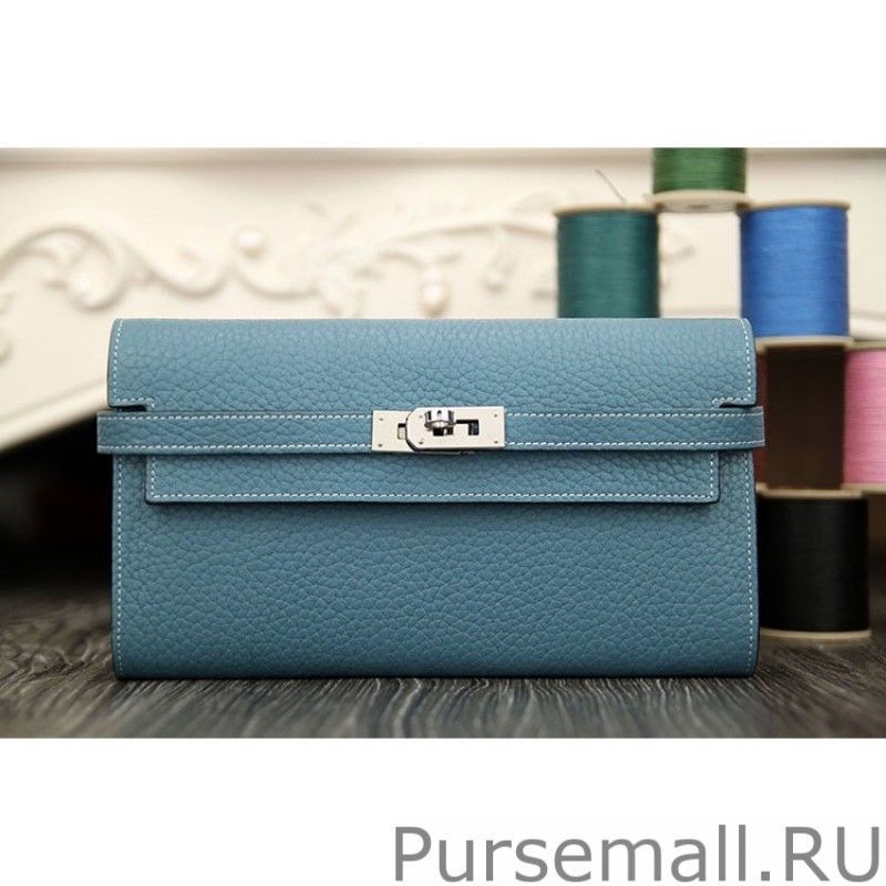 Copy Hermes Kelly Longue Wallet In Jean Blue Clemence Leather